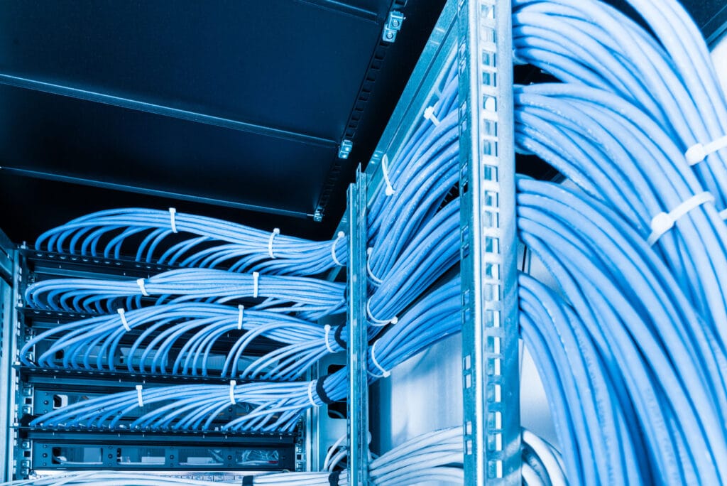 Pro-TechT structured cabling system with blue Ethernet cables.
